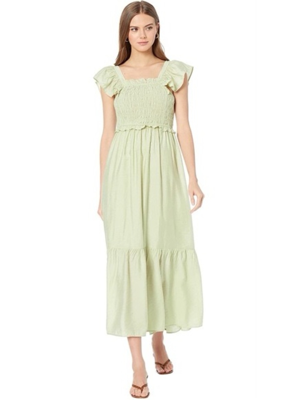 Moon River - Sage Green Smocked Bodice Boho Tiered Midi Dress Size Small